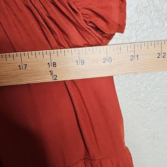 Entro Rust Red Tiered Dress with Colorful Rainbow Embroidered Stripes Small - Picture 8 of 9